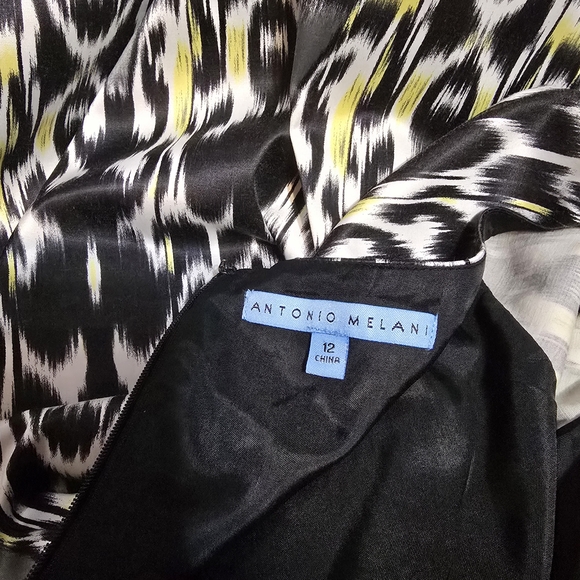 Antonio Melani Black White Yellow Midi Sheath Dress Tailored Waist Sz 12 - Picture 5 of 7
